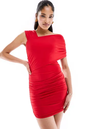 Miss Selfridge drape shoulder ruched mini dress in red-Brown
