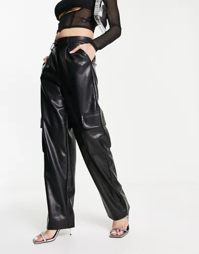 Miss Selfridge faux leather wide leg cargo trouser in black