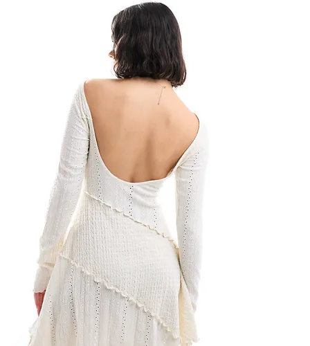 Miss Selfridge mixed texture long sleeve scoop back mini dress in stone-Neutral