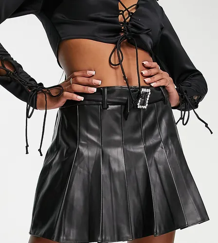 Miss Selfridge Petite faux leather diamante buckle skirt in black