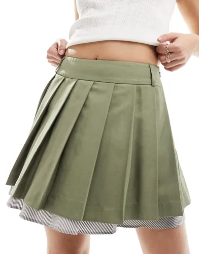 Miss Selfridge tailored poplin layer pleated mini skirt in khaki-Green