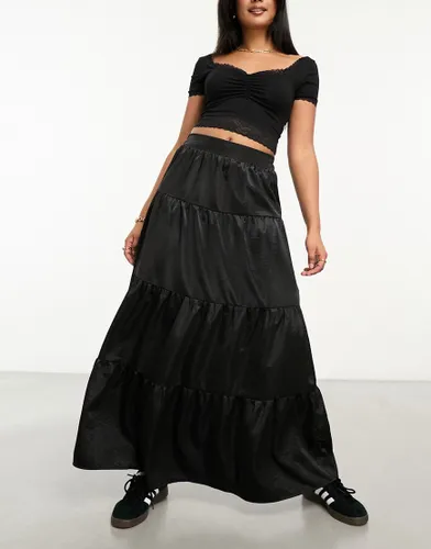 Miss Selfridge textured satin tiered maxi skirt in black