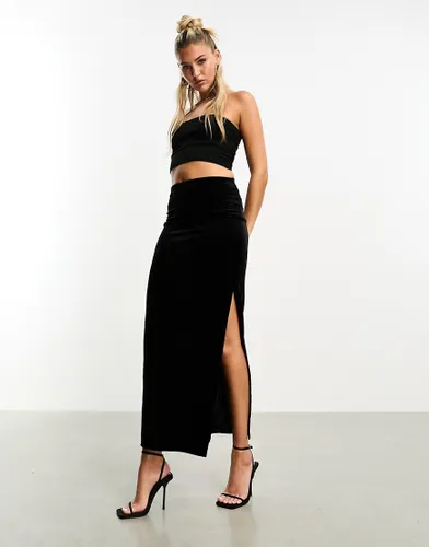 Miss Selfridge velvet midi skirt with split in black