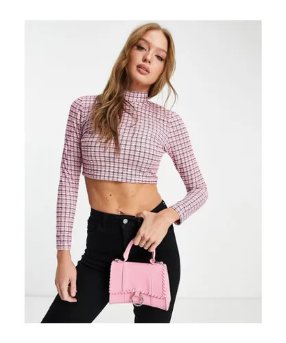 Miss Selfridge Womens boucle check funnel neck top in checked print-Pink Polyester/Acrylic