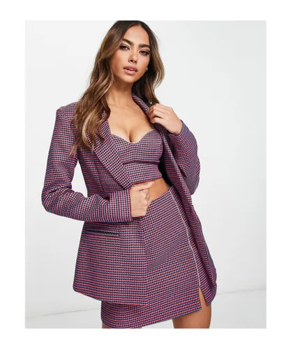 Miss Selfridge Womens dogtooth blazer with cut out dimante heart back co-ord in pink and blue check-Multi - Multicolour