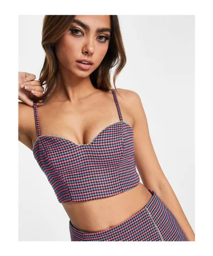 Miss Selfridge Womens dogtooth diamante heart bust cup crop top co-ord in pink and blue-Multi - Multicolour