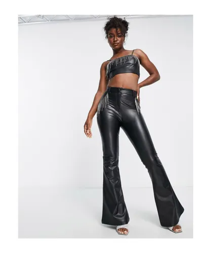 Miss Selfridge Womens faux leather diamante fringe kickflare trouser in black