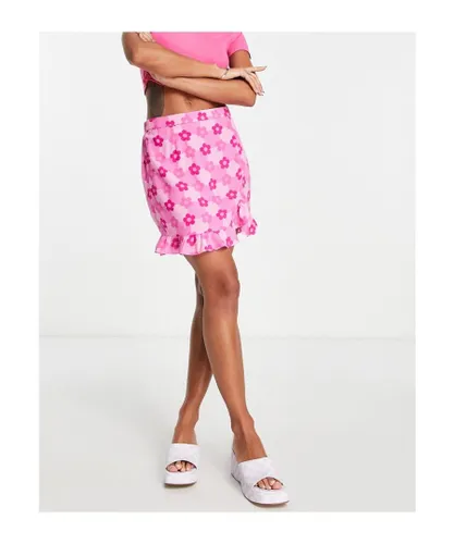 Miss Selfridge Womens frill hem split mini skirt in pink checkerboard print