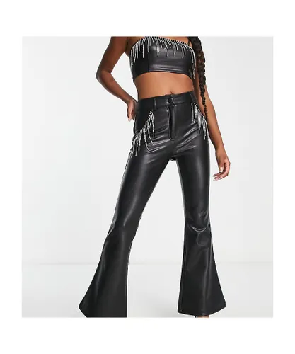 Miss Selfridge Womens Petite faux leather diamante fringe kickflare trouser in black