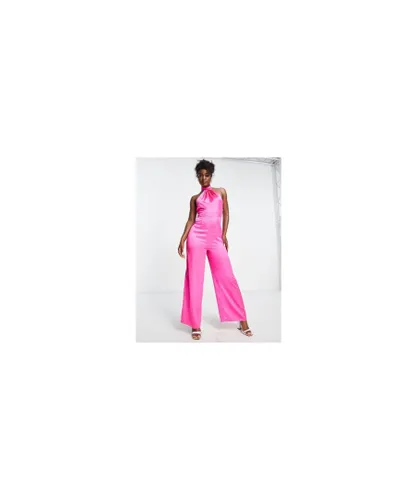 Miss Selfridge Womens satin halter wide leg jumpsuit in hot pink