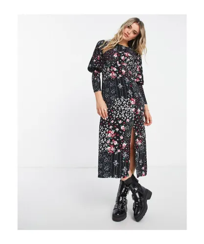 Miss Selfridge Womens shirred sleeve midi tea dress in patchwork floral-Black
