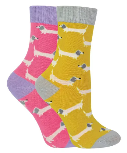 Miss Sparrow - 2 Pack Girls Bamboo Animal Patterned Socks - Sausage Dogs - Multicolour Cotton