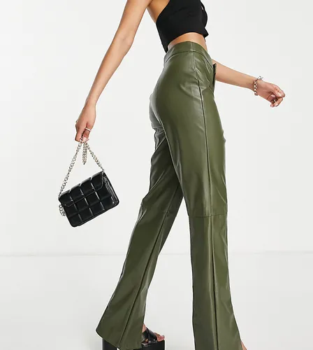 Missguided Petite split hem faux leather trouser in khaki-Green