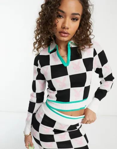 Missguided Playboy co-ord checkerboard top in white