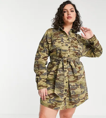 Missguided Plus dress with tie waist in camo-Green