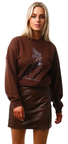 Missi London Chocolate Abstract Printed Crew Sweater