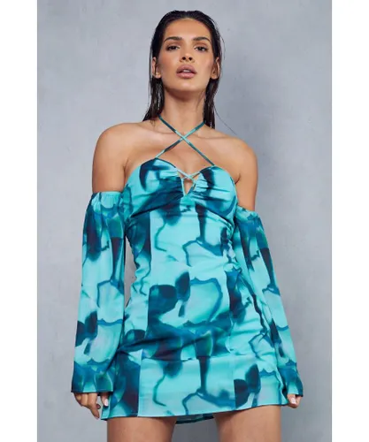 MissPap Womens Abstract Print Halterneck Flare Sleeve Mini Dress - Green