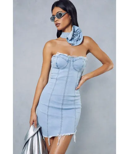MissPap Womens Asymmetric Raw Hem Denim Mini Dress - Blue Cotton