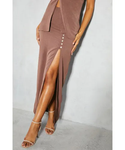 MissPap Womens Button Up Detail Split Maxi Skirt - Chocolate