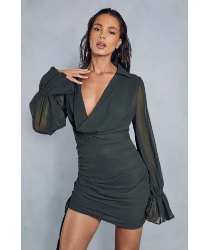 MissPap Womens Chiffon Cowl Collared Draped Skirt Mini Dress - Dark Green