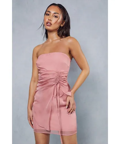 MissPap Womens Chiffon Frill Detail Ruched Bandeau Mini Dress - Pink
