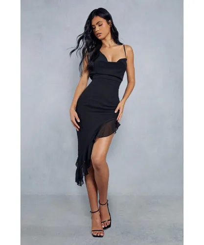 MissPap Womens Chiffon Frill Hem Asymmetric Strappy Midi Dress - Black