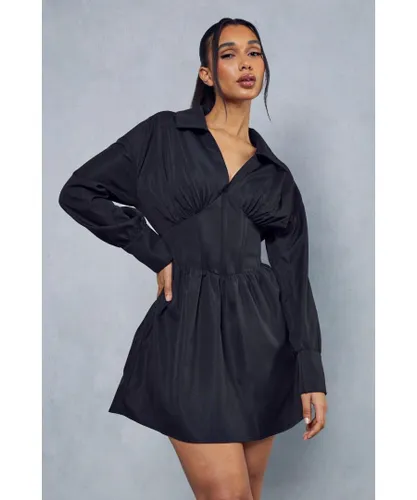 MissPap Womens Corset Insert Plunge Shirt Dress - Black Cotton