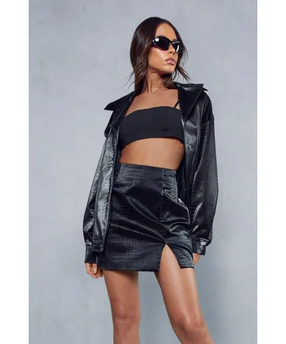 MissPap Womens Croc Leather Look Split Hem Skirt - Black