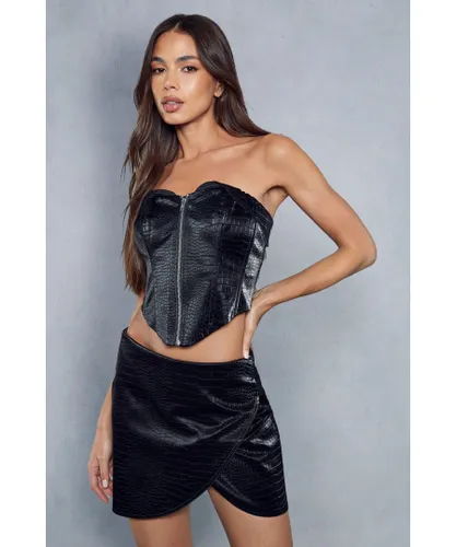 MissPap Womens Croc Leather Look Wrap Detail Mini Skirt - Black