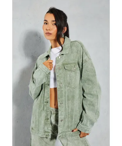 MissPap Womens Denim Acid Wash Oversized Jacket - Green Cotton