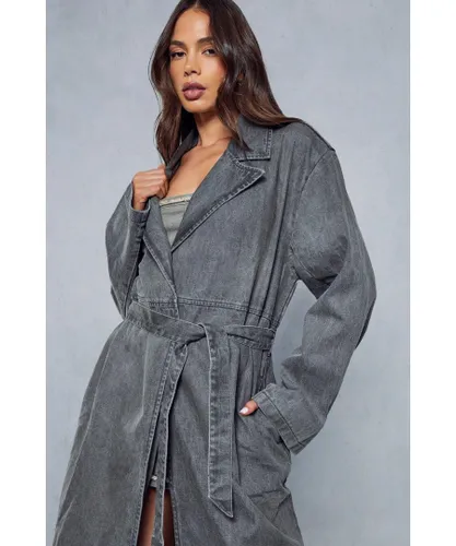 MissPap Womens Denim Belted Longline Trench Coat - Grey Cotton