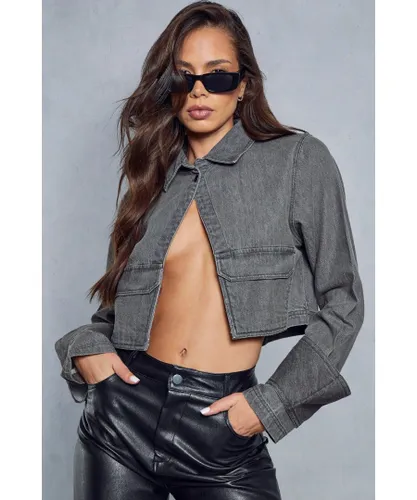 MissPap Womens Denim Pocket Front Cropped Jacket - Light Grey Cotton