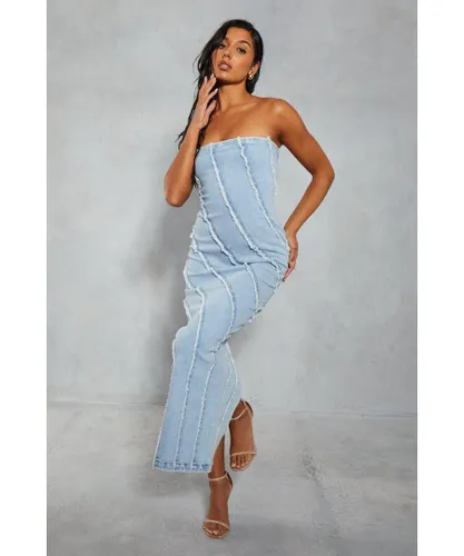 MissPap Womens Denim Seam Detail Maxi Column Dress - Light Blue Cotton