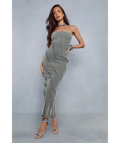 MissPap Womens Denim Seam Detail Maxi Column Dress - Light Grey Cotton