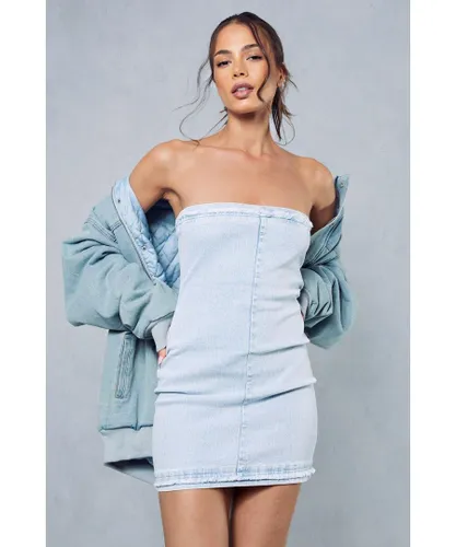 MissPap Womens Denim Seam Front Strapless Mini Dress - Light Blue Cotton
