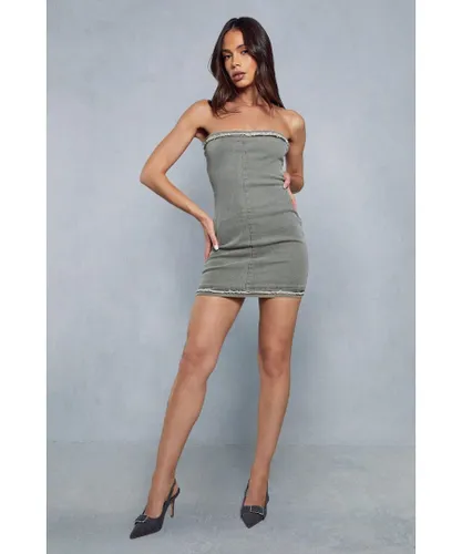 MissPap Womens Denim Seam Front Strapless Mini Dress - Light Grey Cotton
