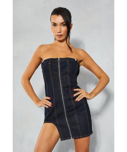 MissPap Womens Denim Strapless Curved Hem Mini Dress - Blue Cotton