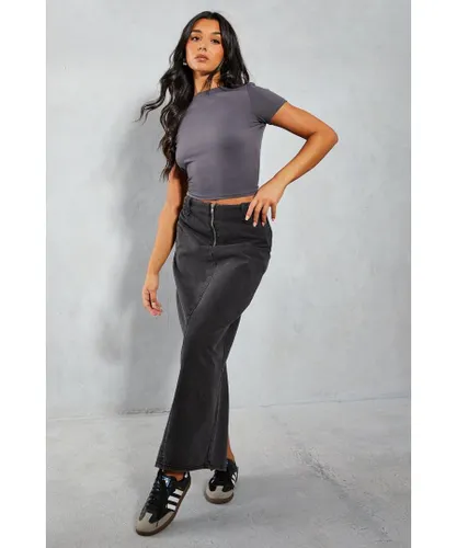 MissPap Womens Denim Zip Front Maxi Skirt - Black Cotton