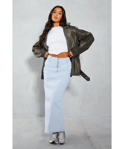MissPap Womens Denim Zip Front Maxi Skirt - Blue Cotton