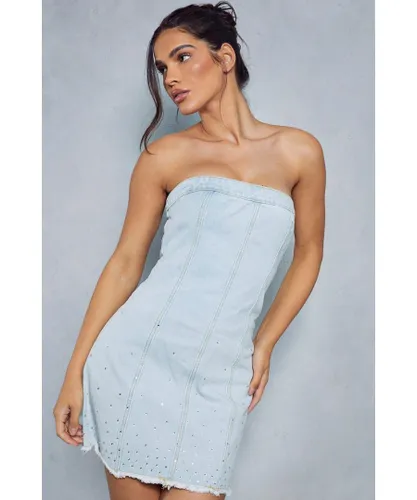 MissPap Womens Diamante Bandeau Denim Mini Dress - Blue Cotton