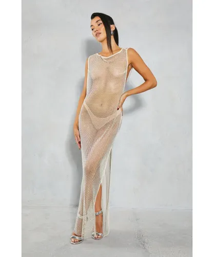 MissPap Womens Diamante Fishnet Hooded Maxi Dress - Cream