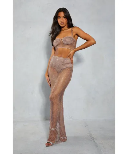 MissPap Womens Diamante Fishnet Pant Insert Maxi Skirt - Taupe