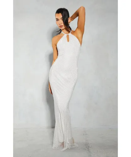MissPap Womens Diamante Fishnet Twist Neckline Halterneck Maxi Dress - Ivory