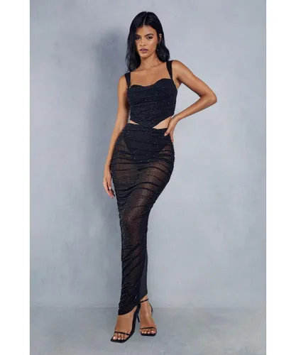 MissPap Womens Diamante Mesh Ruched Maxi Skirt - Black Polyamide