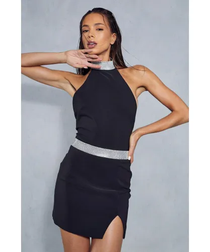MissPap Womens Diamante Trim Split Mini Skirt - Black