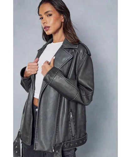 MissPap Womens Distressed Leather Look Midi Biker Jacket - Charcoal