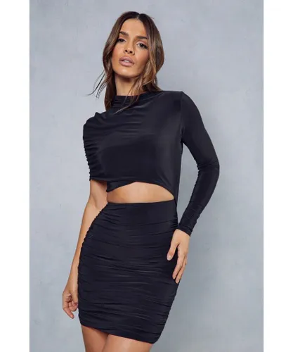 MissPap Womens Double Layer Slinky Asymmetric Long Sleeve Bodycon Dress - Black