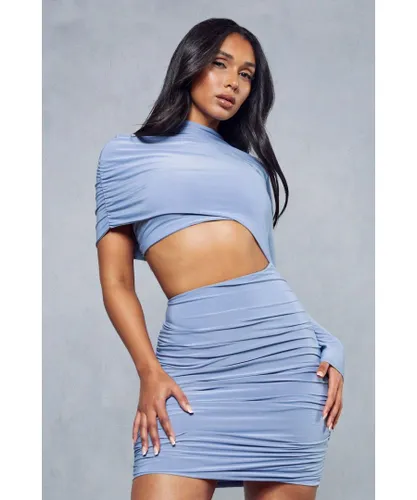 MissPap Womens Double Layer Slinky Asymmetric Long Sleeve Bodycon Dress - Blue