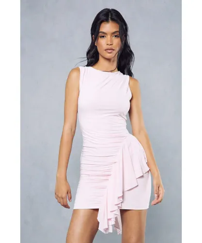 MissPap Womens Double Layer Slinky Frill Draped Racer Neck Mini Dress - Blush