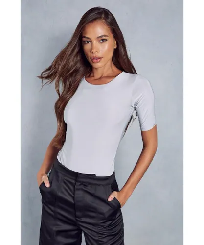 MissPap Womens Double Layer Slinky High Neck Short Sleeve Bodysuit - Light Grey